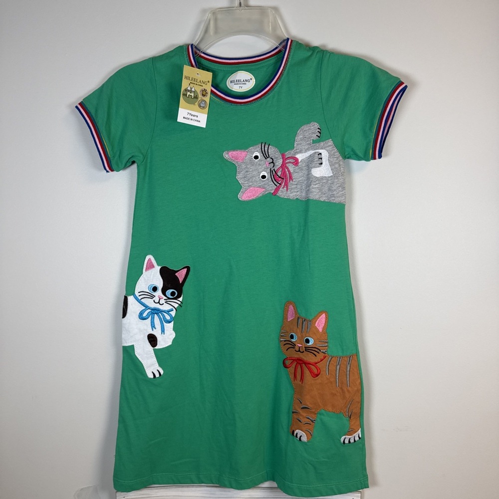 Funnymore Kids Green Rainbow Trim Cat Applique T-Shirt Dress 7Y
